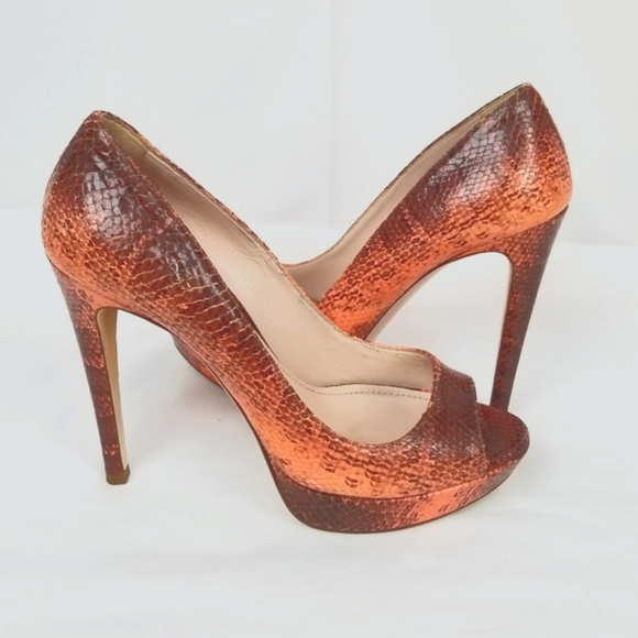 Miu Miu Prada Pink Embossed Leather Peep Toe Platform Stiletto Heels Pumps 37 - Picture 8 of 10